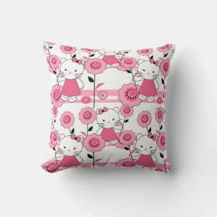 Cute kids kitten cat pink white print throw pillow