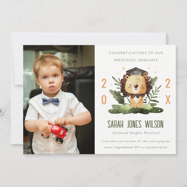 Cute Kids Lion Foliage Photo Preschool Graduation Invitation (Front)