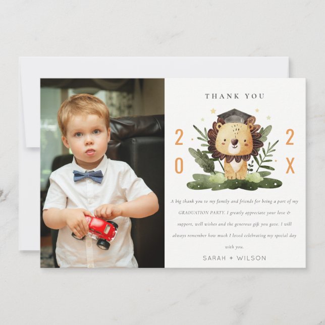Cute Kids Lion Foliage Photo Preschool Graduation Thank You Card (Front)