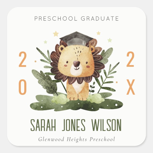 Cute Kids Lion Foliage Preschool Graduation Party Square Sticker (Front)