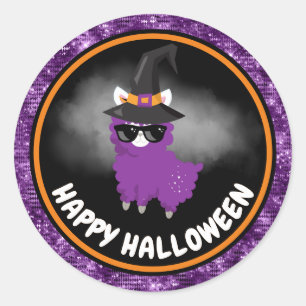 Cute Kids Llama & Purple Glitter Happy Halloween Classic Round Sticker