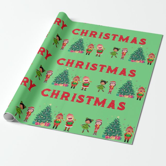 CUTE KIDS MERRY CHRISTMAS WRAPPING PAPER (Unrolled)