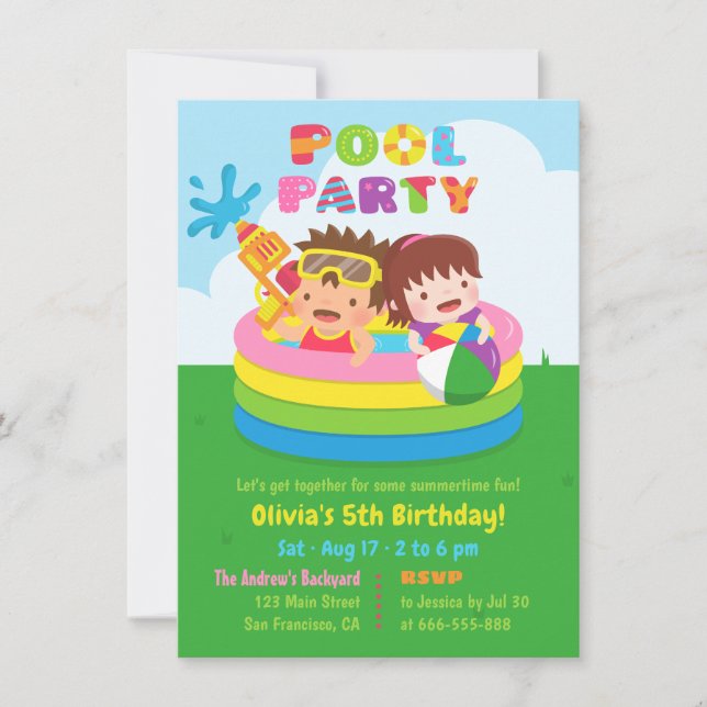 Cute Kids Mini Inflatable Pool Birthday Party Invitation (Front)