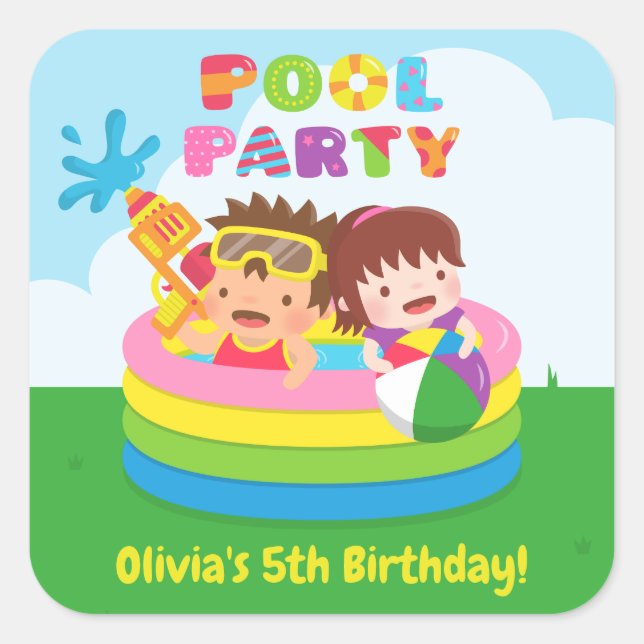 Cute Kids Mini Pool Birthday Party Decor Stickers (Front)