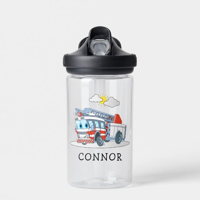 Cute Kids Name Cartoon Fire Truck Engine Custom Water Bottle (Front)