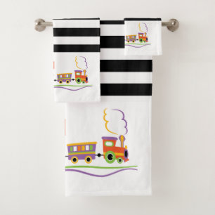 Cute Kids Name Train Black And White Stripe Bath Towel Set