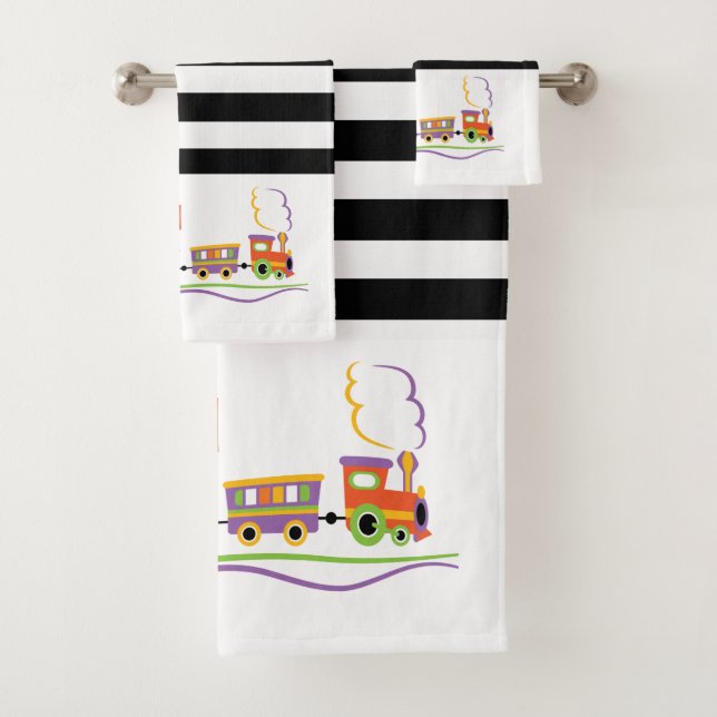 Cute Kids Name Train Black And White Stripe Bath Towel Set (Insitu)