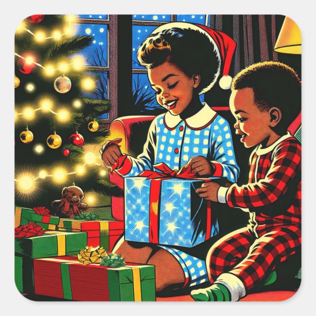 Cute Kids on Christmas Morning Holiday Square Sticker (Front)