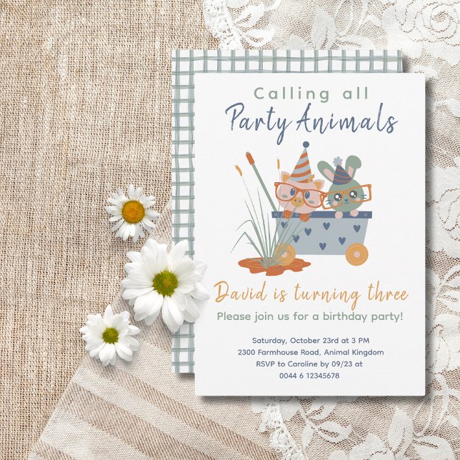 Cute Kids Party Animals Birthday Invitations (Farm Animals Birthday Invitation Calling All Party Animals)
