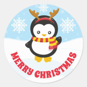 Cute Kids Penguin in Antlers Merry Christmas Classic Round Sticker