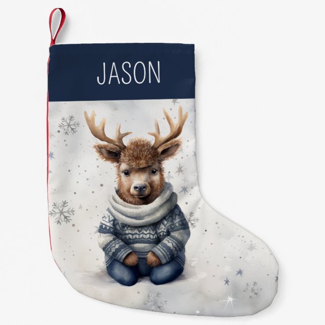 Cute Kids Personalized Name Blue and Red Reindeer Small Christmas Stocking (Front)