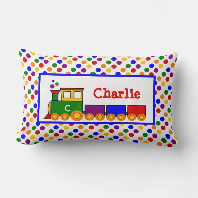 Cute Kid's Personalized Toy Train on Polka Dots Lumbar Pillow (Front)