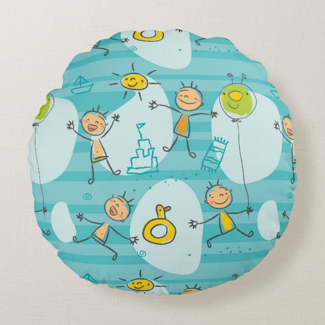 Cute kids playing on the beach pattern round pillow (Front)