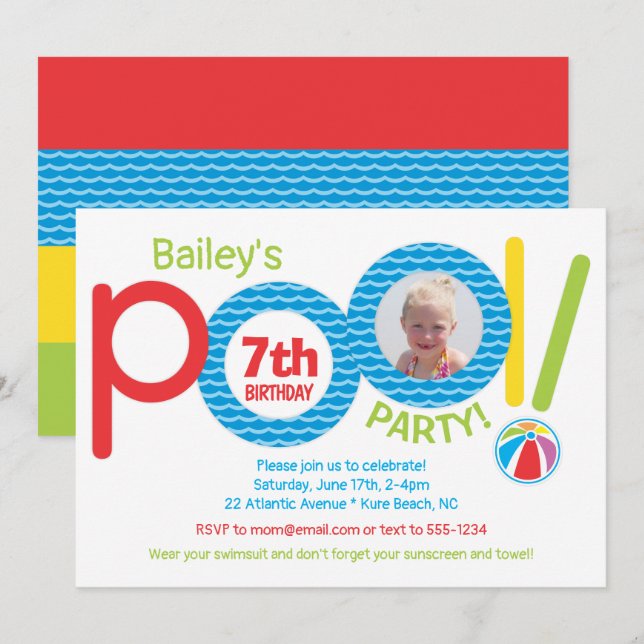 Cute Kids Pool Party Birthday Party Photo Invitation (Front/Back)