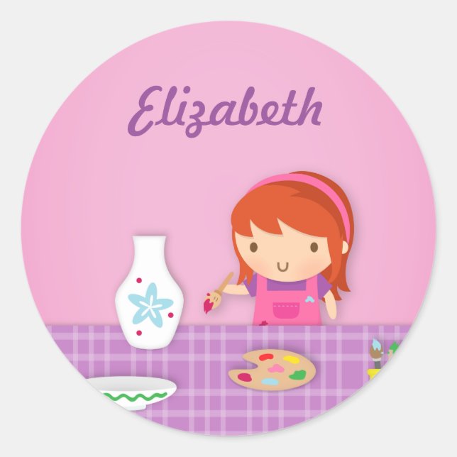 Cute Kids Pottery Painting Arts For Girls Classic Round Sticker (Front)
