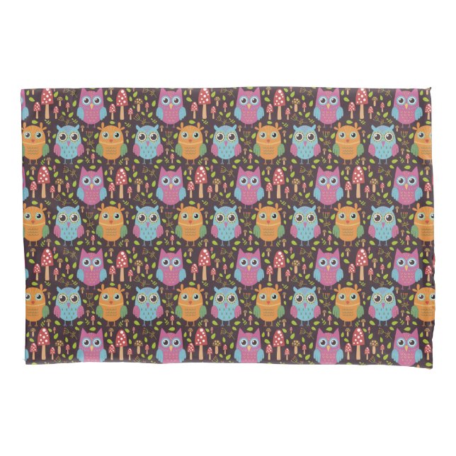 Cute Kids Purple Blue Orange Owls Pillowcase (Front)
