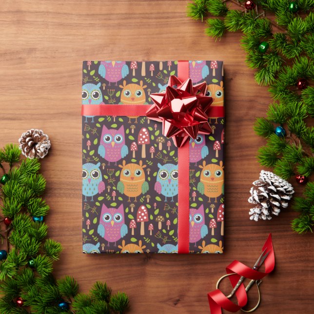 Cute Kids Purple Blue Orange Owls Wrapping Paper (Holiday Gift)