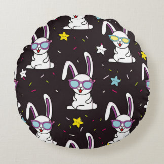 Cute kids rabbit pattern. Colourful rabbit, stars  Round Pillow