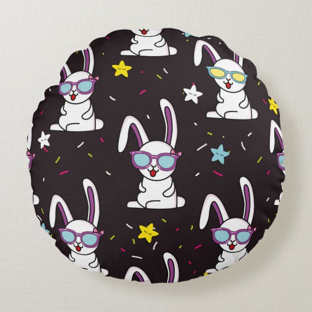 Cute kids rabbit pattern. Colourful rabbit, stars  Round Pillow (Front)