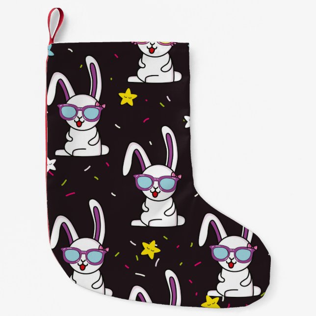 Cute kids rabbit pattern. Colourful rabbit, stars  Small Christmas Stocking (Front)
