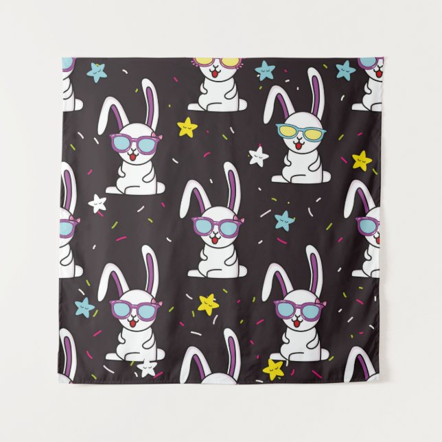Cute kids rabbit pattern. Colourful rabbit, stars  Tapestry (Front)