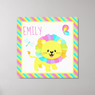 Cute Kids Rainbow Lion on Colourful Stripes Patter Canvas Print