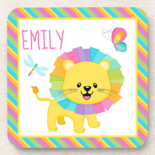 Cute Kids Rainbow Lion on Colourful Stripes Patter Coaster