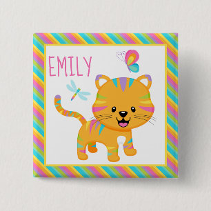 Cute Kids Rainbow Tiger & Colourful Stripes Patter 2 Inch Square Button