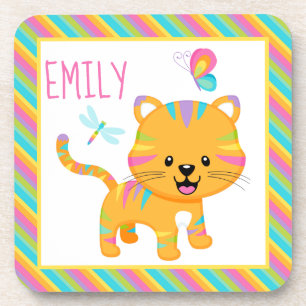 Cute Kids Rainbow Tiger & Colourful Stripes Patter Coaster