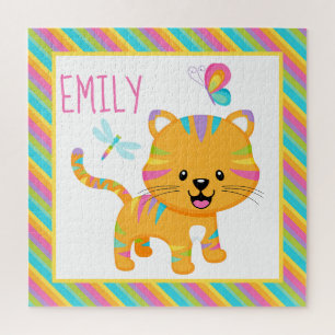 Cute Kids Rainbow Tiger & Colourful Stripes Patter Jigsaw Puzzle