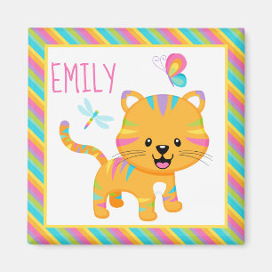 Cute Kids Rainbow Tiger & Colourful Stripes Patter Magnet