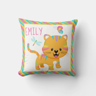 Cute Kids Rainbow Tiger & Colourful Stripes Patter Throw Pillow