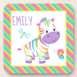 Cute Kids Rainbow Zebra & Colourful Stripes Patter Coaster
