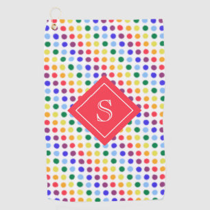 Cute Kids Red Rainbow Dots Monogram Golf Towel