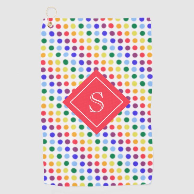 Cute Kids Red Rainbow Dots Monogram Golf Towel (Front)