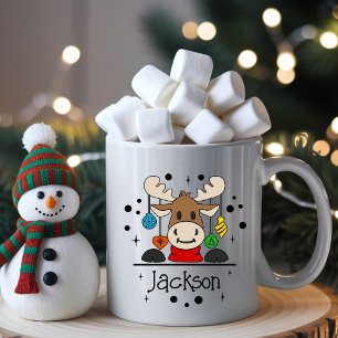 Cute Kids Reindeer Christmas Mug with Name