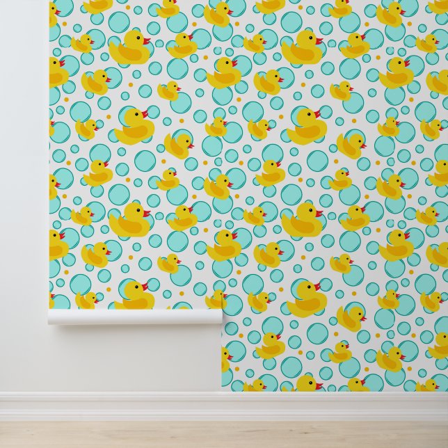 Cute Kids Rubber Ducks and Bubbles Blue and Yellow Wallpaper (Application)