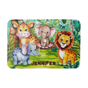 Cute Kids Safari Jungle Animals Personalized Name Bath Mat