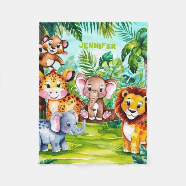 Cute Kids Safari Jungle Animals Personalized Name Fleece Blanket (Front)
