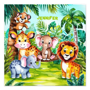 Cute Kids Safari Jungle Animals Personalized Name Photo Print