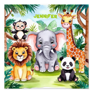 Cute Kids Safari Jungle Animals Personalized Name Photo Print