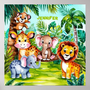 Cute Kids Safari Jungle Animals Personalized Name Poster