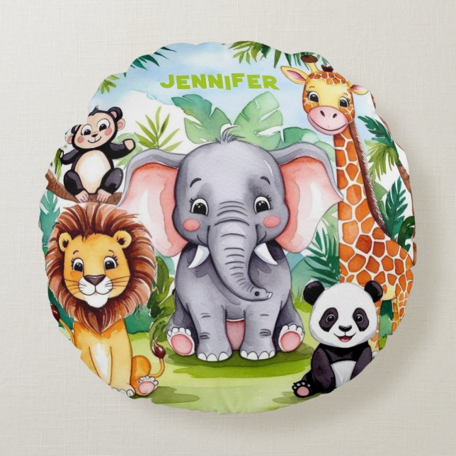 Cute Kids Safari Jungle Animals Personalized Name Round Pillow (Front)