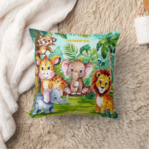 Cute Kids Safari Jungle Animals Personalized Name Throw Pillow