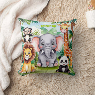 Cute Kids Safari Jungle Animals Personalized Name Throw Pillow