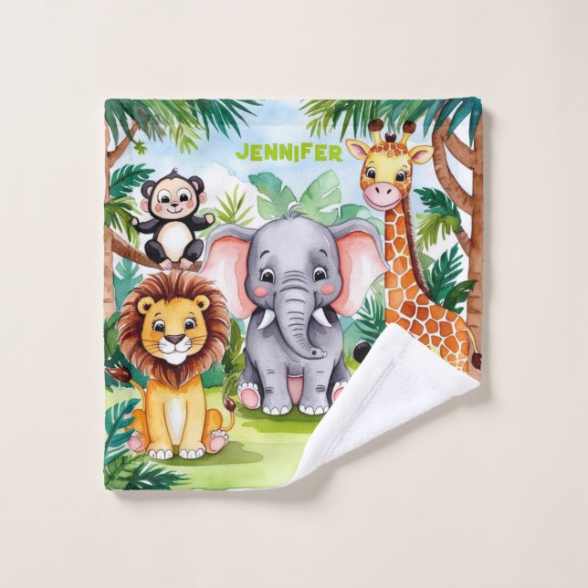 Cute Kids Safari Jungle Animaux Nom Personnalisé (Gant de toilette)