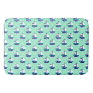 Cute Kids Sailboat Pattern Sea Green Bath Mat