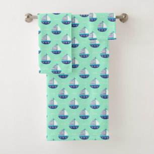 Cute Kids Sailboat Pattern Sea Green Bath Towel Set