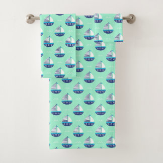 Cute Kids Sailboat Pattern Sea Green Bath Towel Set