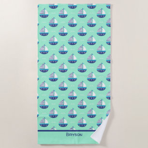 Cute Kids Sailboat Pattern Sea Green Beach Towel